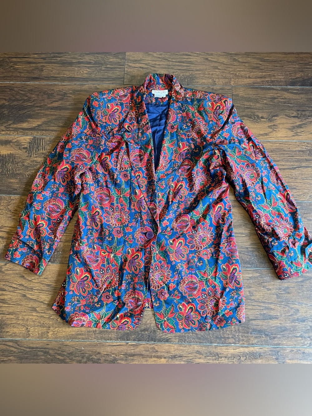 Talbots Navy Blazer with Red & Green Floral Pattern